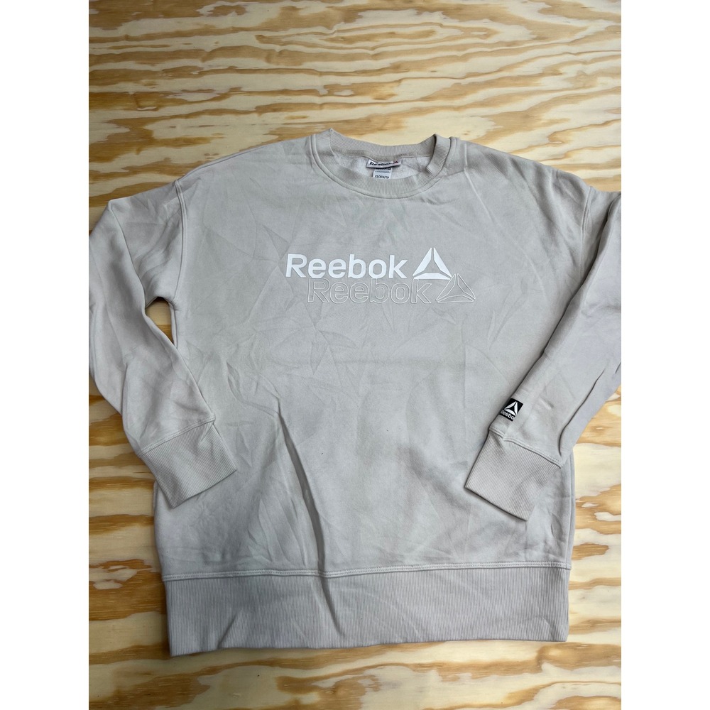 Reebok Womens Beige Graphic Logo Crewneck Sweatshirt Size XS Athleisure Pullover